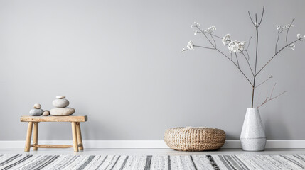 Minimalist zen living room interiors in neutral colors with natural lighting coming from a window. Residential interior design composition for Real Estate.