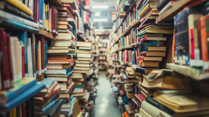 Narrow aisle filled with books overflowing from shelves