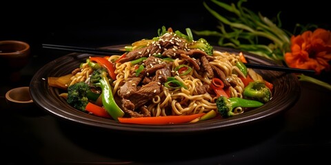 Wall Mural - Beef and Vegetable Yakisoba Stir-fry. Concept Asian cuisine, Stir-fry recipe, Easy dinner ideas, Beef and vegetable dishes, Yakisoba noodles