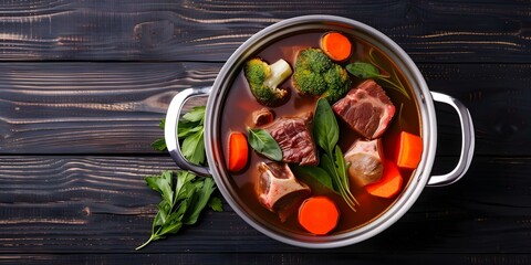 Sticker - Traditional Beef Broth with Vegetables and Bones Simmering in a Pot. Concept Beef Broth Recipe, Rich Flavor, Slow Cooking, Hearty Ingredients, Nourishing Soup