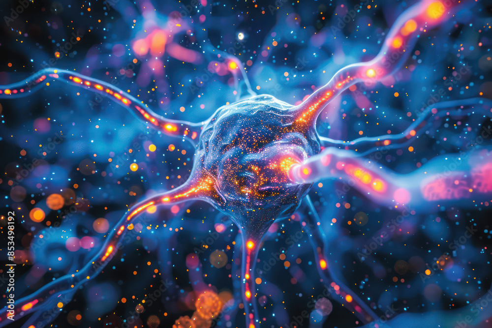 Neuron network under a microscope, highlighting synaptic connections ...