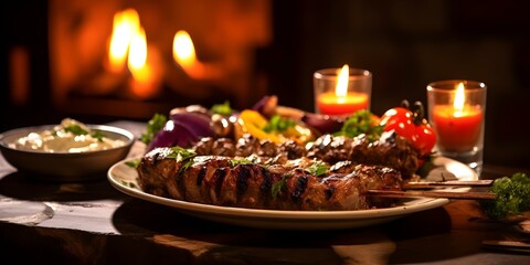Canvas Print - Middle Eastern Feast Grilled Lamb and Chicken Kebab Skewers. Concept Middle Eastern Cuisine, Grilled Lamb, Chicken Kebabs, Feast Gathering, Barbecue Delights