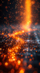 Wall Mural - Futuristic Orange Digital Grid with Sparkling Glowing Particles, 3D Rendered Tech Network Wallpaper, Dynamic and Modern Technology Theme Background Design