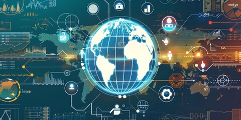 Poster - A globe surrounded by icons of various industries like technology, finance, and manufacturing, representing global economic integration