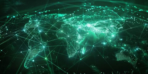 Poster - A digital network map connecting continents, representing the infrastructure of the global internet and communication networks