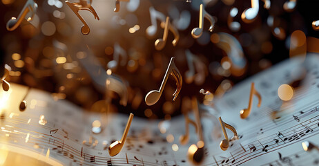 Aufkleber - Musical notes fly out one by one from a standing sheet of music. Generative AI.