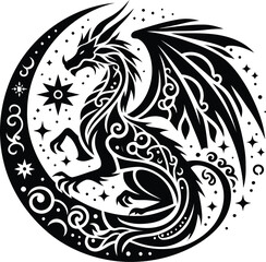 dragon in silhouete with bohemian nature pattern illustration