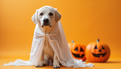 Wall Mural - A cute Labrador Retriever dog dressed as a ghost with white gauze around its neck, sitting on an orange background with two pumpkins in the back