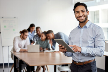 Aufkleber - Portrait, tablet and man with confidence, smile and online agenda for office teamwork at presentation. About us, workshop and happy businessman with digital app for project management in meeting room