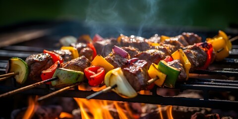 Sticker - Sizzling Meat and Vegetables on Loaded Camping Skewers A Barbecue Grill Delight. Concept Camping Skewer Recipes, Grilling Techniques, Outdoor Dining, Barbecue Tips