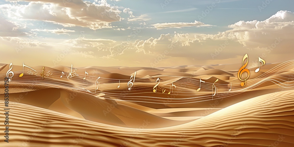 A serene desert landscape with music notes rising with the sand dunes ...