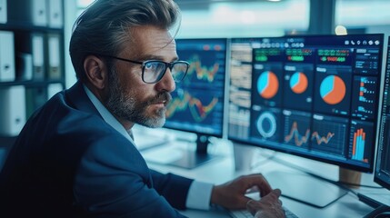 Aufkleber - Modern office environment with a focus on data science and tax optimization. a professional-looking data scientist working on a computer with multiple monitors displaying complex data. Generative AI.