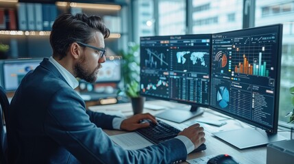 Aufkleber - Modern office environment with a focus on data science and tax optimization. a professional-looking data scientist working on a computer with multiple monitors displaying complex data. Generative AI.