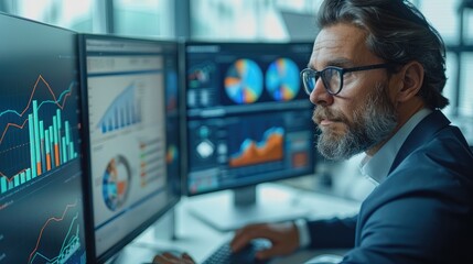 Aufkleber - Modern office environment with a focus on data science and tax optimization. a professional-looking data scientist working on a computer with multiple monitors displaying complex data. Generative AI.