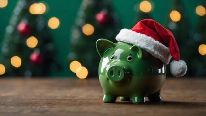Wall Mural - Piggy bank in a Santa Claus hat on a green background Concept for Christmas holiday debt and expenses.