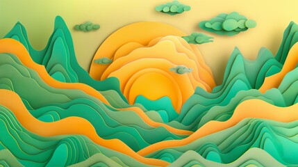 Vibrant paper design landscape with circular moon on yellow background