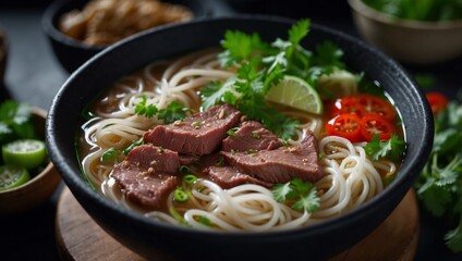 traditional Vietnamese pho with beef, noodles, and fresh herbs in black bowl.