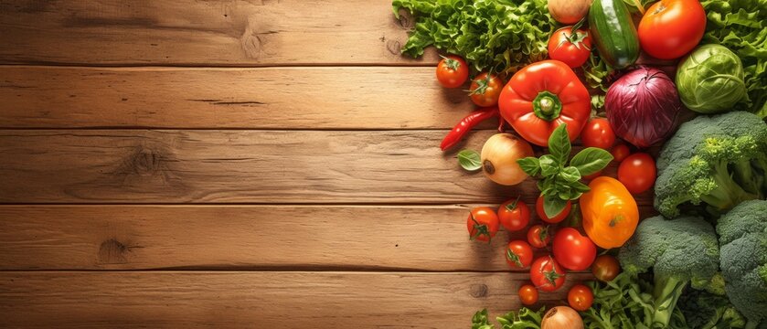 Assortment of fresh colorful organic vegetables on wooden pine table, healthy food background, top view