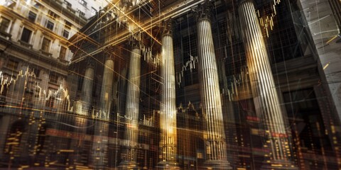 Poster - A historical building with a modern stock market chart overlay, representing the evolution of financial markets over time