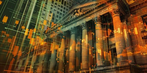 Poster - A historical building with a modern stock market chart overlay, representing the evolution of financial markets over time