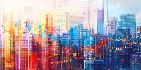 Poster - A vibrant cityscape with stock market charts integrated into building facades, symbolizing the omnipresence of finance in urban life