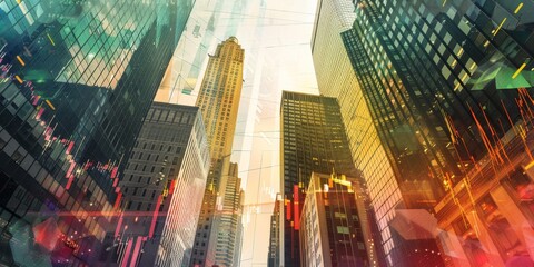 Poster - A financial district with towering skyscrapers and a prominent stock market chart overlay, highlighting the hub of global finance