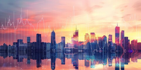 Poster - A city skyline with a transparent stock market chart overlay, symbolizing the integral role of finance in urban growth and development