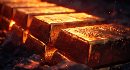 Poster - Gold bars radiate red heat. Generative AI.