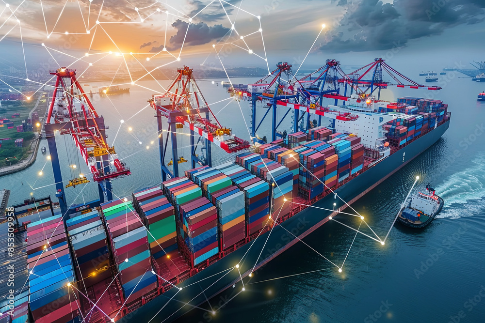 AI and global logistics concept with world map, supply chain network ...