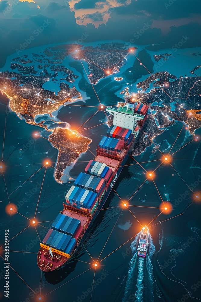 AI and global logistics concept with world map, supply chain network ...