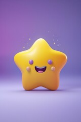 Sticker - AI generated illustration of a cute yellow star character with a happy face on a purple background