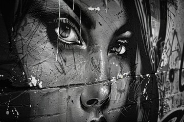 Wall Mural - AI generated illustration of a detailed black and white graffiti artwork of a woman's face