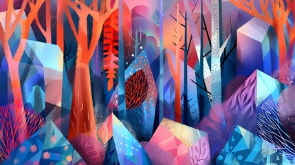 Wall Mural - AI generated illustration of a colorful forest with geometric shapes and vibrant hues.