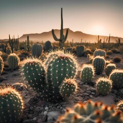 Wall Mural - AI generated illustration of a beautiful desert landscape with various cacti at sunset