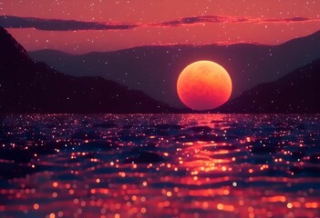 Wall Mural - AI generated illustration of a stunning view of a red moon rising over a calm sea
