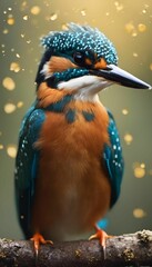 Sticker - Close-up of a vibrant kingfisher perched on a branch with water droplets in the background.