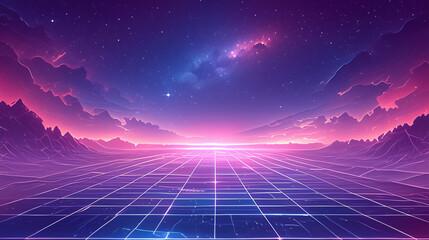 Poster - Retro futuristic landscape with a grid and mountains in the background for design, retro, and futuristic