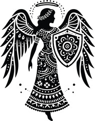 Wall Mural - female angel in silhouete with bohemian nature pattern illustration