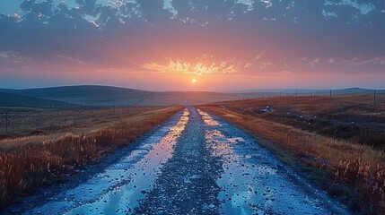 Aufkleber - A path into the distance at twilight. The road beckons. Generative AI.