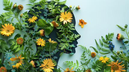 Poster - A white paper cutout head silhouette surrounded by green leaves and colorful flowers on white background, symbolizing mental health awareness. Generative AI.