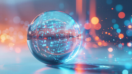 Poster - Crystal sphere with glowing blue and red digital pattern with copy space text for technology, futuristic, and abstract