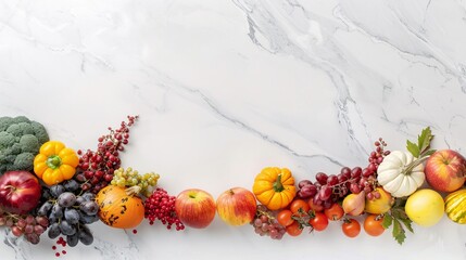 Wall Mural - An array of colorful harvest items placed on the left side of a marble surface, isolated on a white background, no people present, highly detailed photograph with ultra-sharp clarity