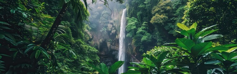 Wall Mural - Lush Green Tropical Waterfall In A Dense Rainforest