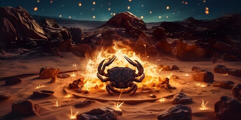 Wall Mural - Ancient zodiac symbol illuminated by campfire in desert night sky. Concept Astrology, Night Photography, Desert Landscape, Campfire Illumination, Zodiac Symbol