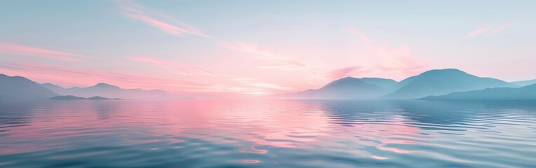 Wall Mural - Pink Sunset Over Misty Mountains and Calm Water