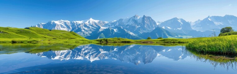 Wall Mural - Snow-Capped Mountains Reflecting in Calm Alpine Lake on a Sunny Day