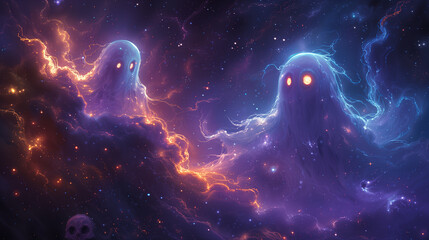 Ethereal Halloween ghosts floating among the stars in a dark, mystical night sky, with glowing pumkins below.