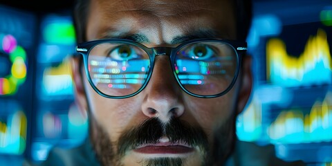 Wall Mural - A hacker in glasses with a menacing expression looking at computer screens. Concept Cybersecurity, Technology, Hacker, Computer Science, Information Security