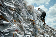 © Emanuel - Businessman struggling to climb a towering pile of paperwork, symbolizing overwhelming workload