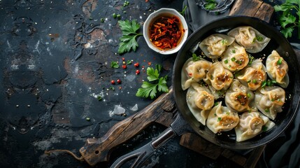 Delicious gedza dumplings in a pan with soy sauce. On dark rustic background